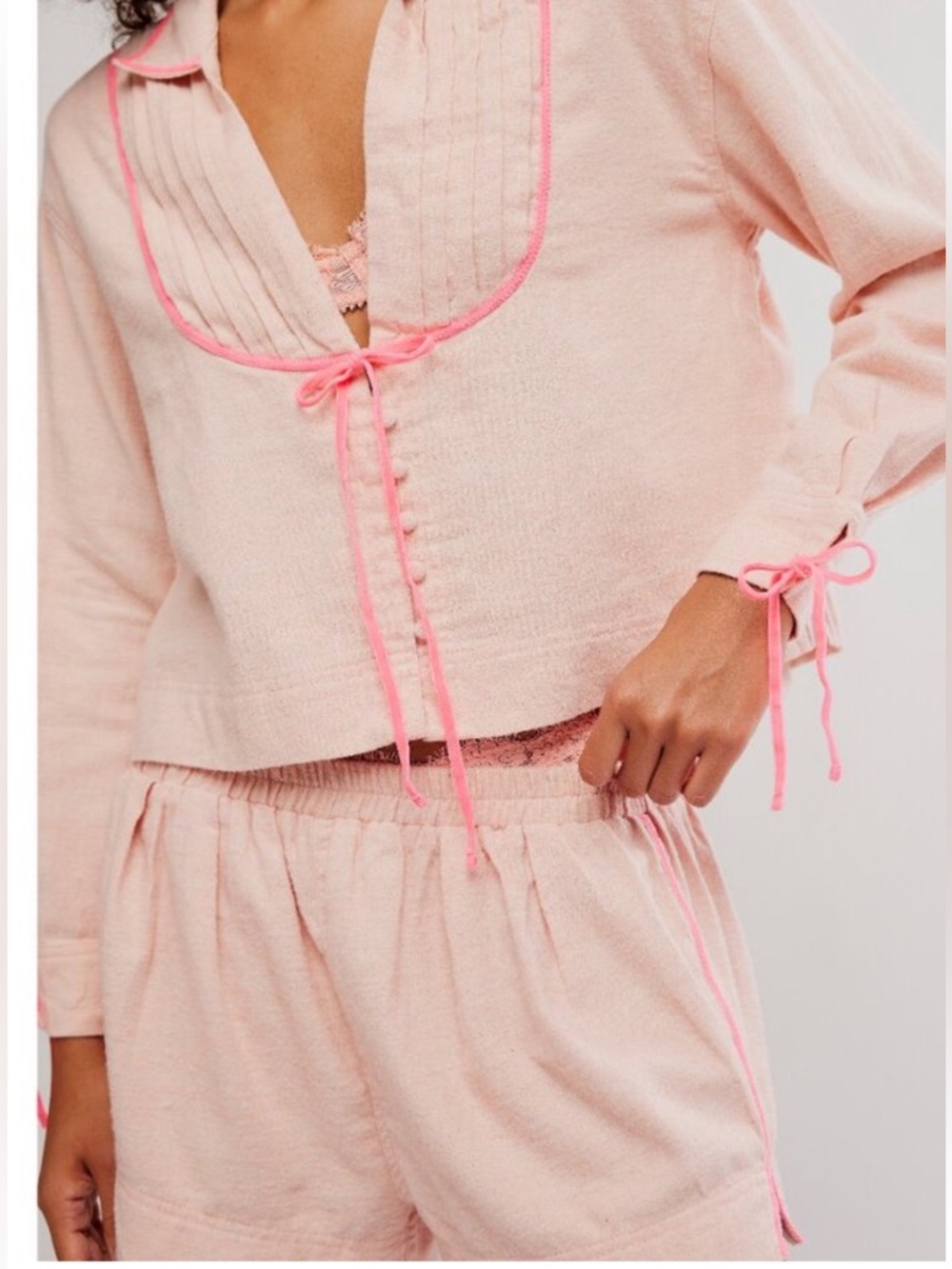 FREE PEOPLE CLOSE TO HOME FLANNEL PAJAMA LOUNGE SET in Neon Peach sz S